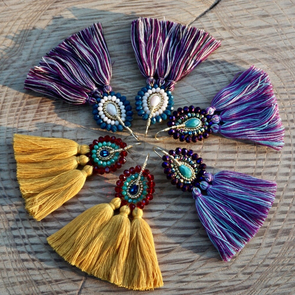 Handmade Glass Beaded Chandelier Tassel Earrings